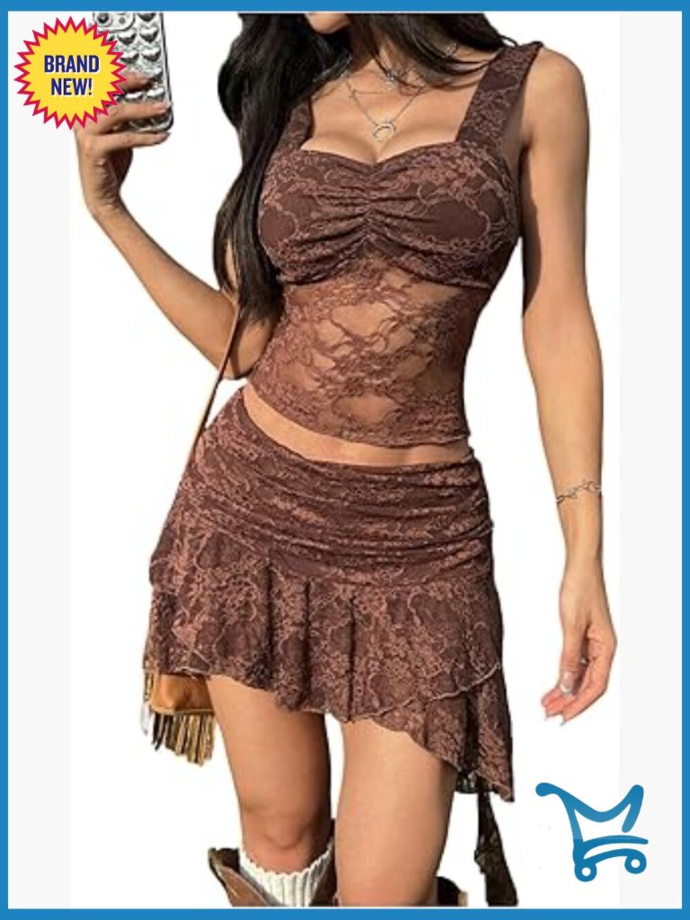 Women's 2 Piece Lace Crop Top & Mini Skirt Set Western Outfit Sleeveless